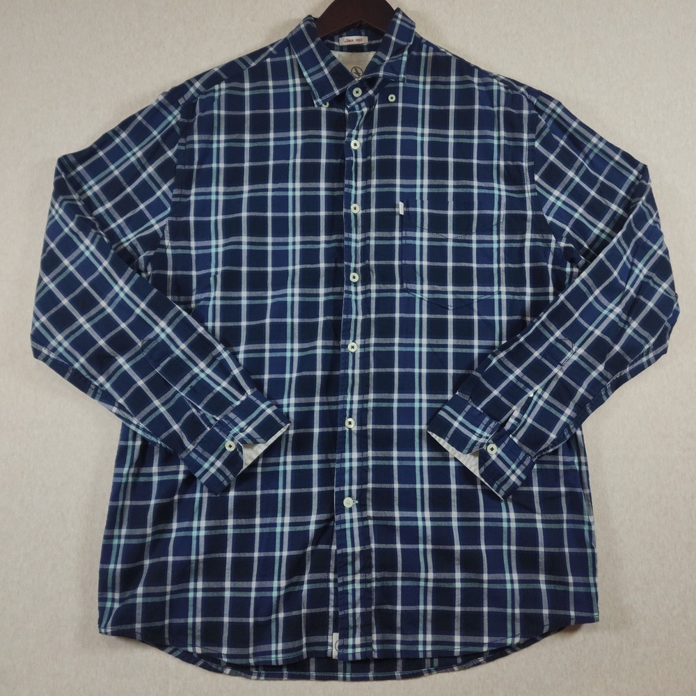 Aigle NWT Mens Plaid Button Down Large Organic Cotton Navy Blue Long Sleeve